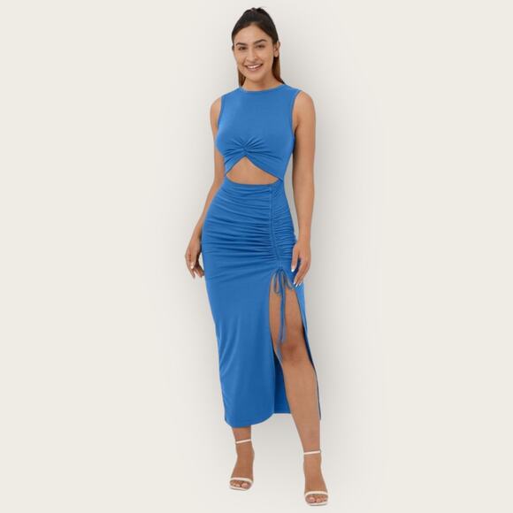 Halara Cut Out  Bodycon Midi Dress | Large | Blue High Neck Leg Slit Drawstring - Picture 1 of 9